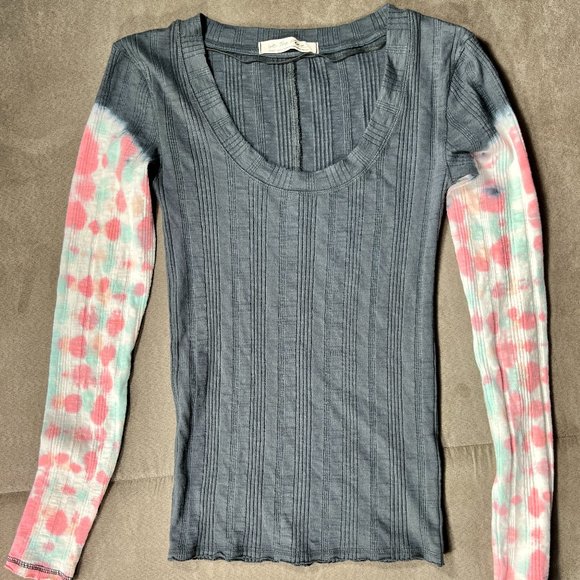 Free People Top Small Womens Blue Tie Dye Big Sur Ribbed Long Sleeve Tee Boho - Picture 2 of 6